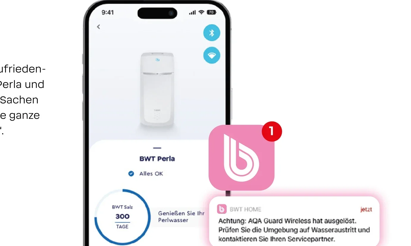 BWT Best Water App auf einem Smartphone mit Statusanzeige zum BWT Perla