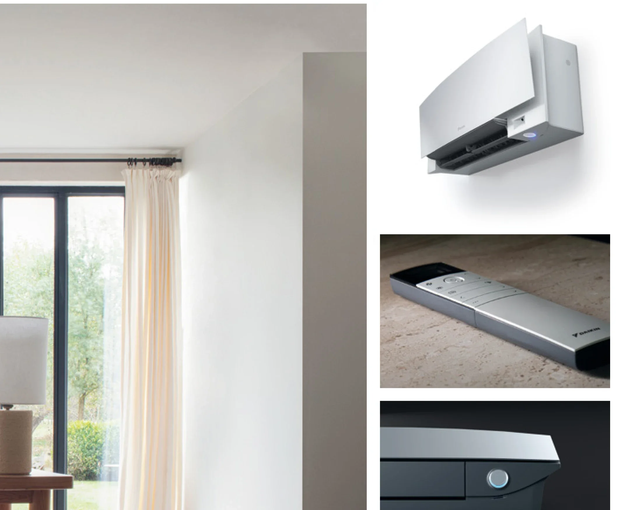 Detailansichten der Daikin Emura – Innengerät, Fernbedienung und Ausblasjalousie in Silber