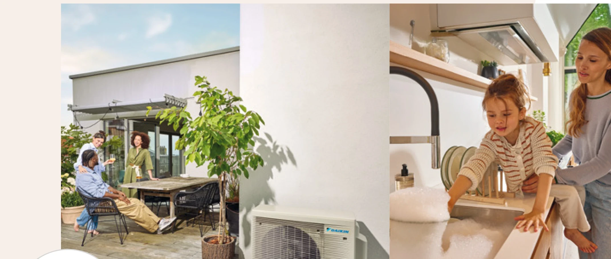 Daikin Multi-Split-Außengerät neben einer Terrasse, im Hintergrund eine geöffnete Küche