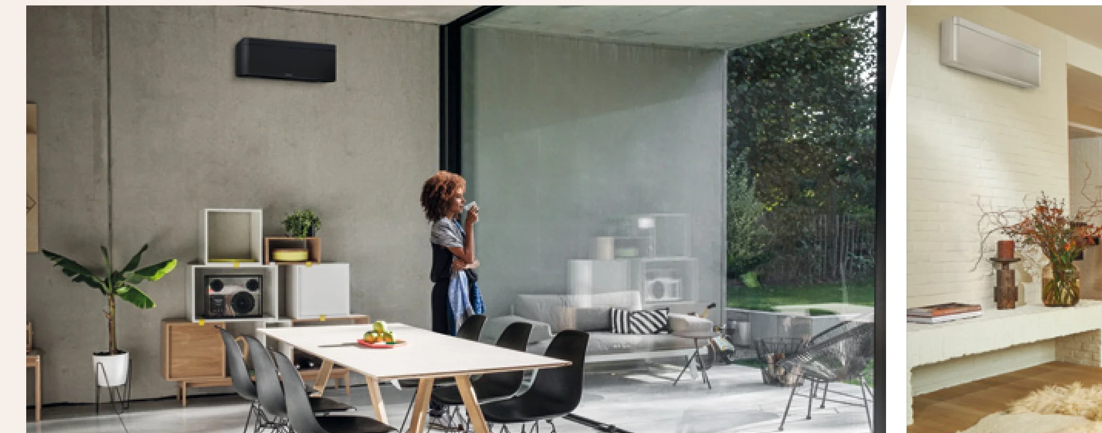Daikin Stylish in Schwarz in einem modernen Ess- und Wohnbereich mit Glasfront