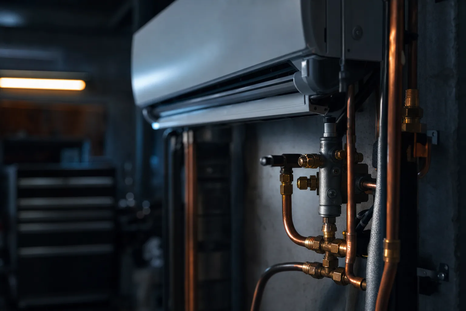 Detailaufnahme moderner Klimatechnik in dunkler Werkstattatmosphäre