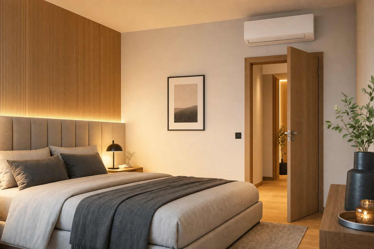 Ruhiges modernes Schlafzimmer mit dezent an der Wand montiertem Klimagerät