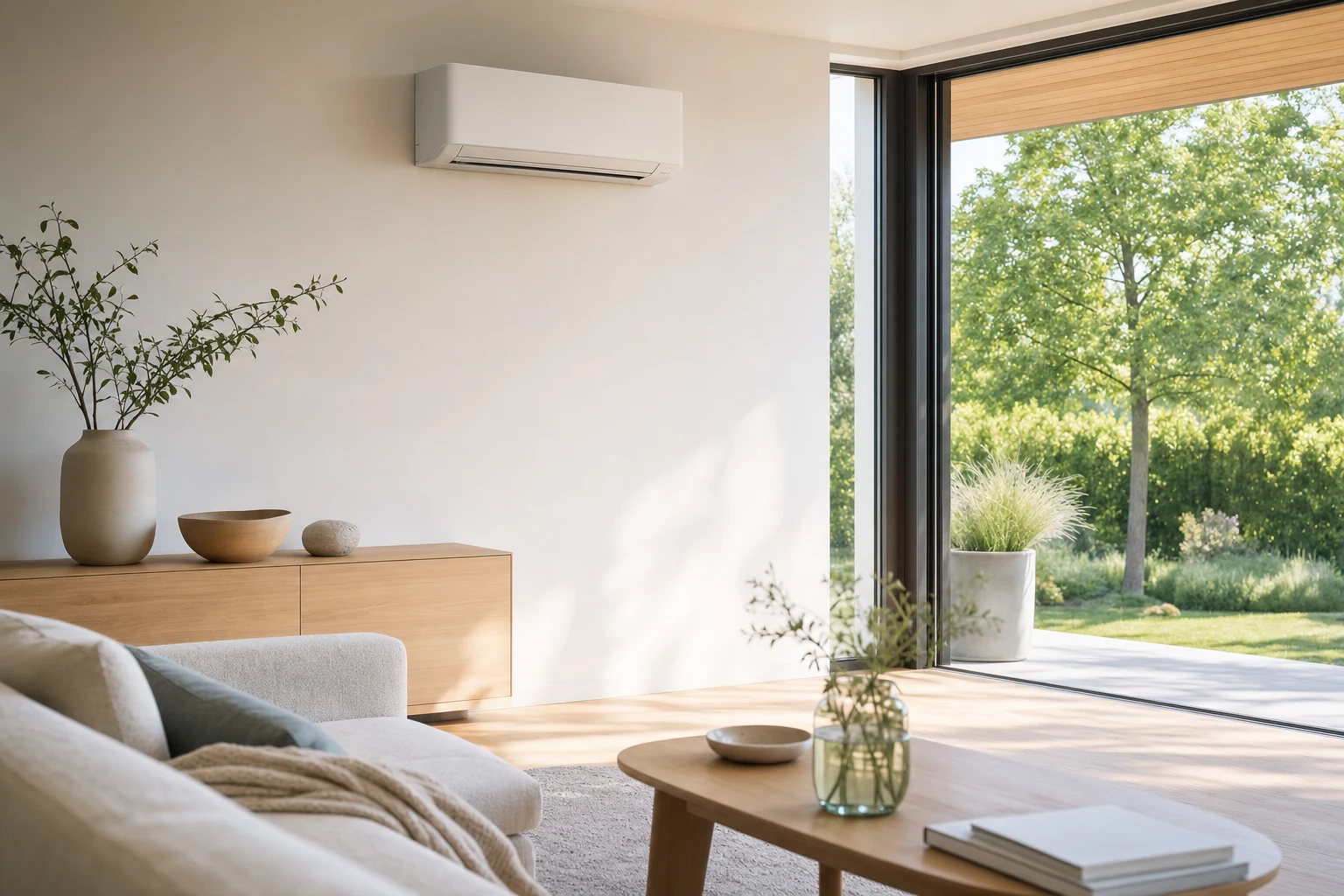 Helles Wohnzimmer mit einem schlichten weißen Wandklimagerät über einer Glasfront