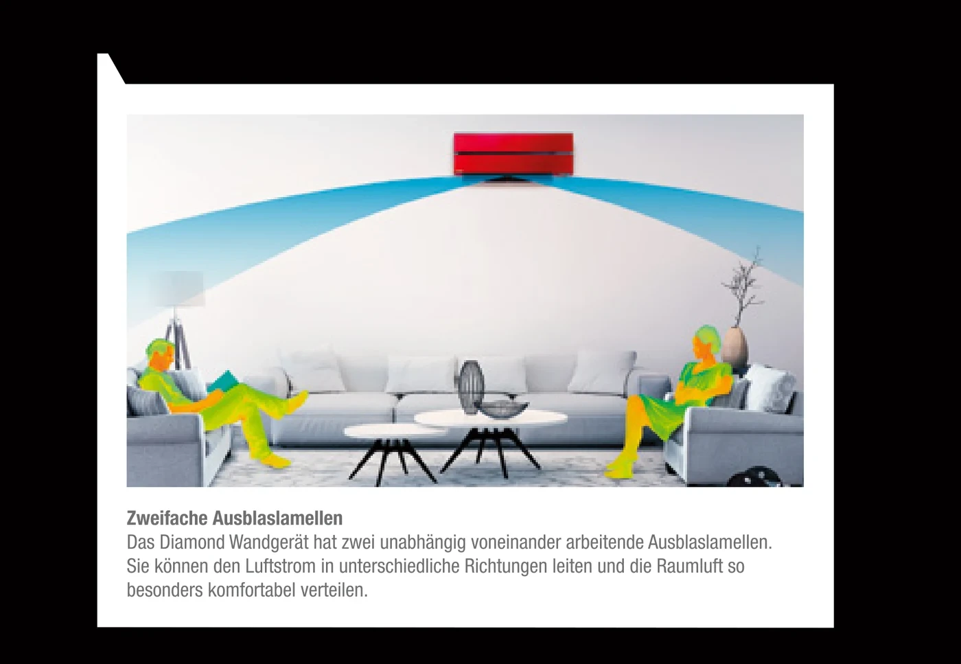 Illustration: Diamond Wandgerät verteilt den Luftstrom über zwei getrennt steuerbare Lamellen zu zwei Personen auf einem Sofa