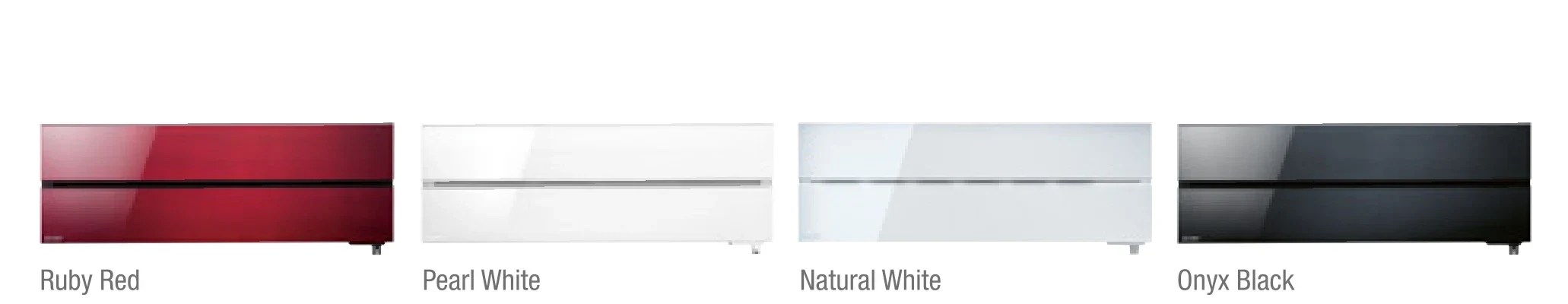 Vier Diamond Wandgeräte MSZ-LN nebeneinander in Ruby Red, Pearl White, Natural White und Onyx Black