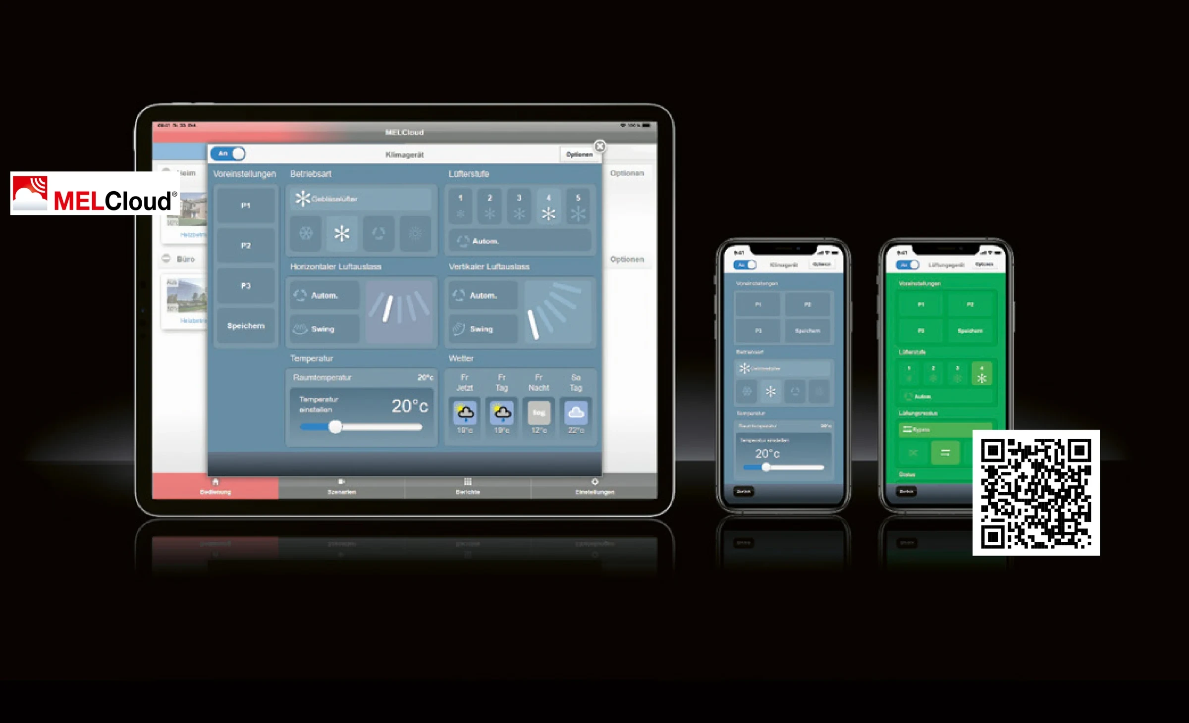 MELCloud-App auf Tablet und zwei Smartphones – Steuerung von Betriebsart, Temperatur und Luftauslass