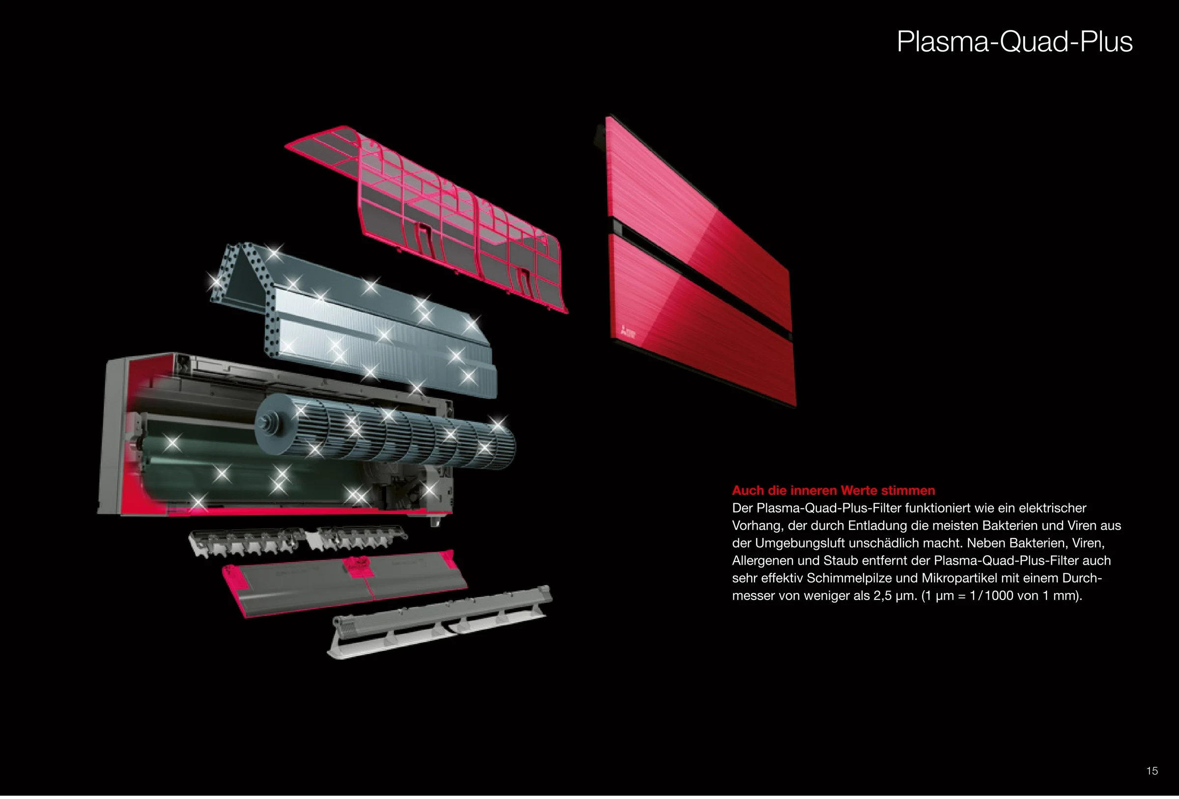 Explosionsdarstellung des Diamond Wandgeräts mit hervorgehobenem Plasma-Quad-Plus-Filter und Gehäuse in Ruby Red