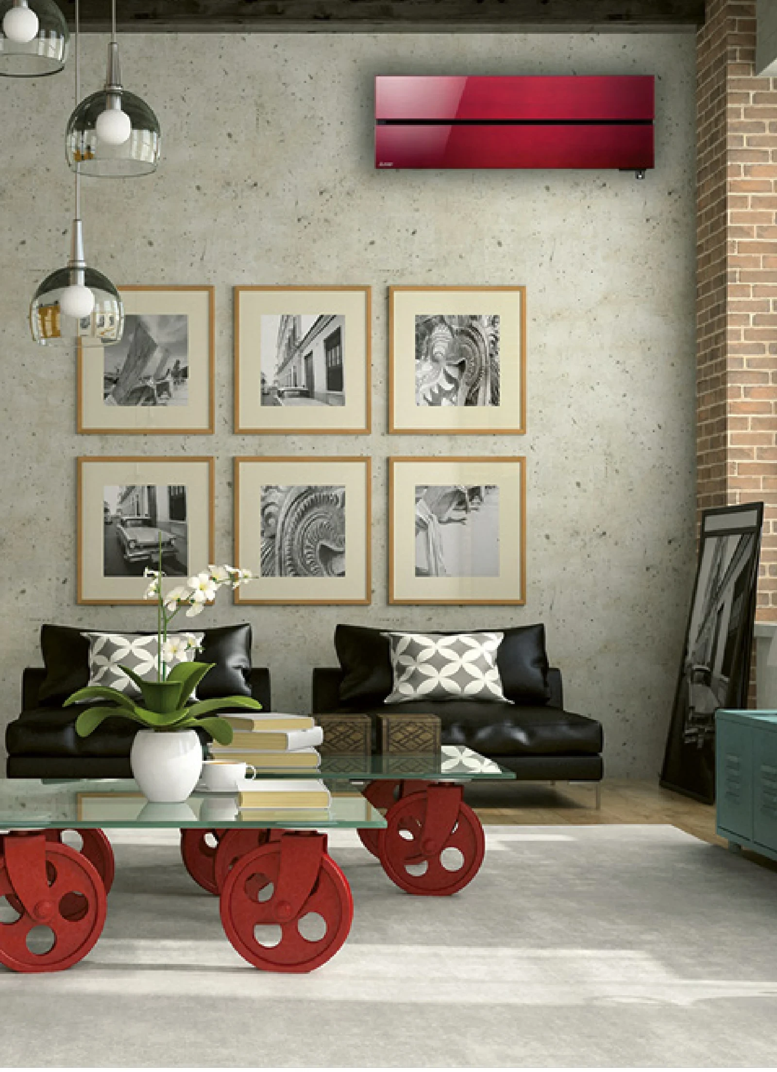 Diamond Wandgerät in Ruby Red an einer Sichtbetonwand in einem Loft mit Bildergalerie und dunklem Sofa