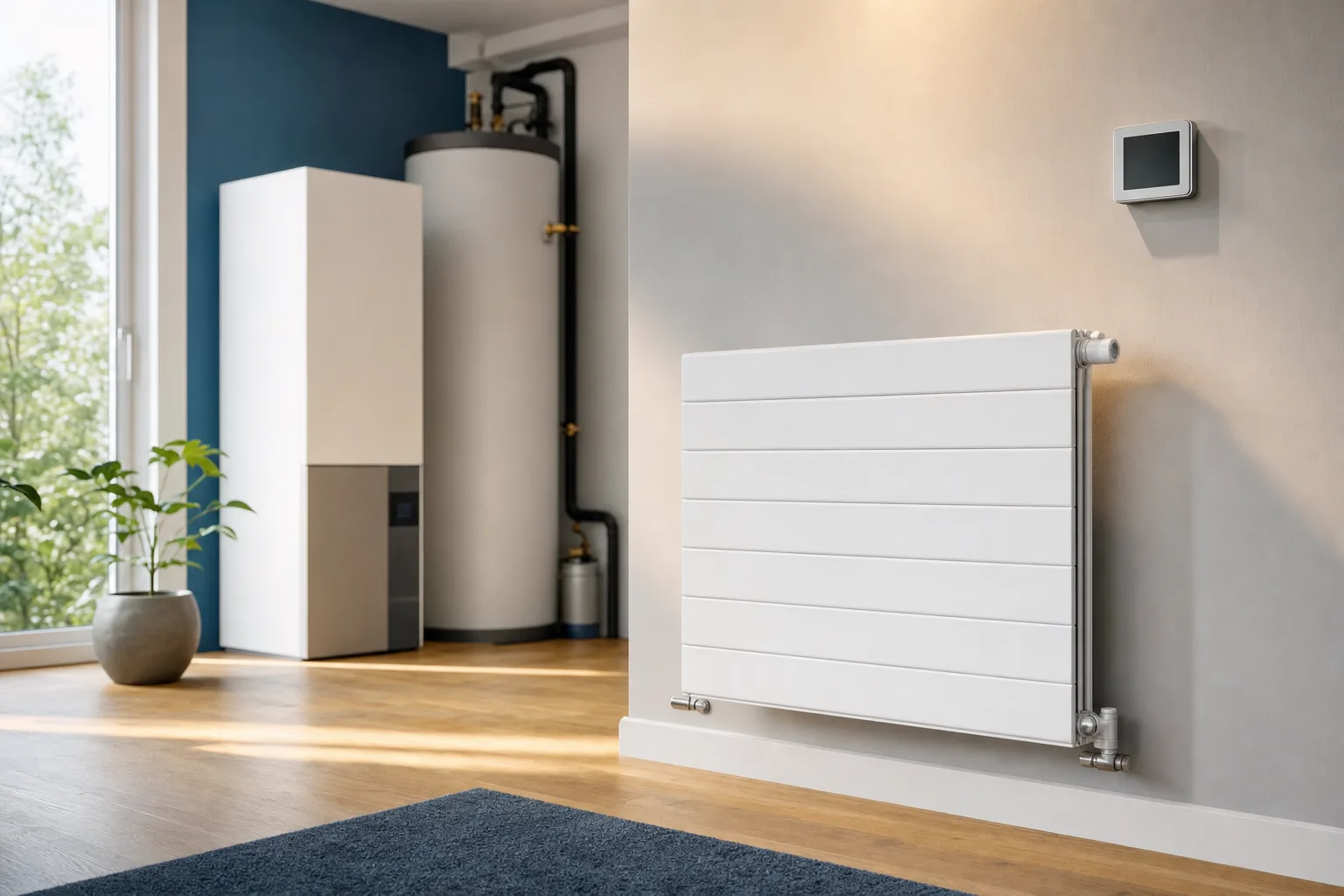 Moderner Design-Heizkörper und Thermostat in einem hellen Wohnraum als Symbolbild für die BEG-Heizungsförderung.