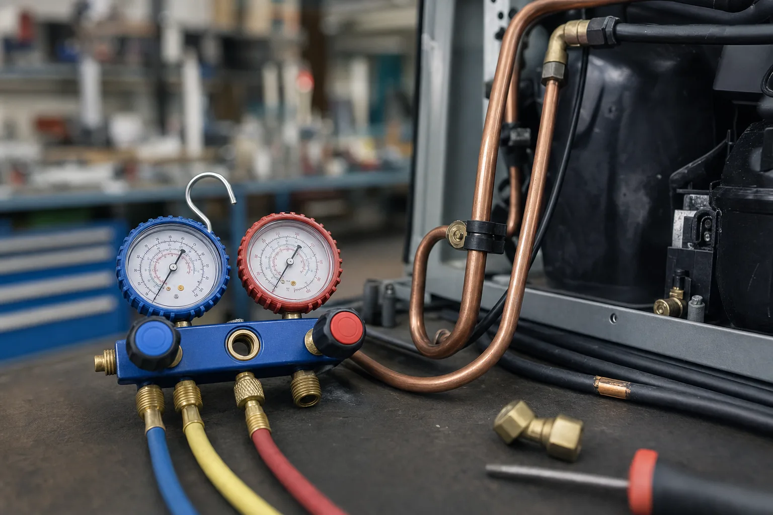 Manometer-Set und Kupfer-Kältemittelleitungen auf einer Werkbank als Symbolbild zur EU-Verordnung über fluorierte Treibhausgase.
