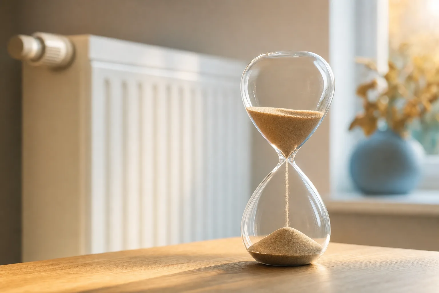 Gläserne Sanduhr auf einer Holzoberfläche vor der Silhouette eines Heizkörpers als Symbolbild für die Frage, ob sich Warten bei der Heizungsoptimierung lohnt.