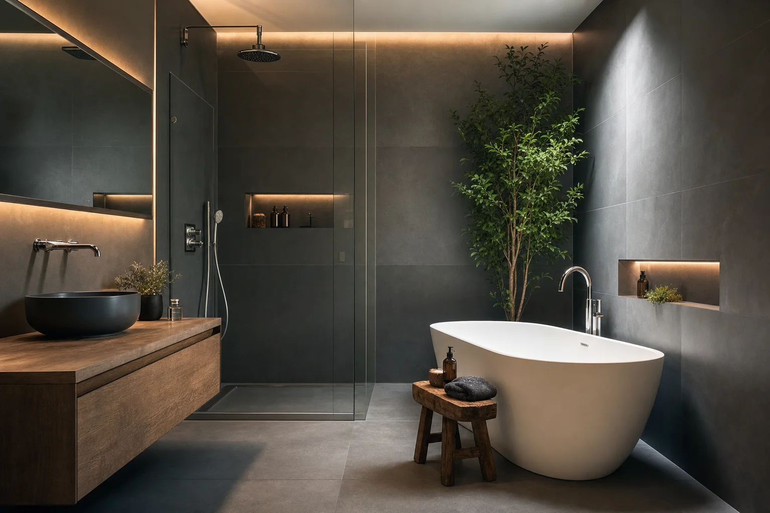 Modernes Designbad mit freistehender Wanne, Naturholz und indirektem Licht