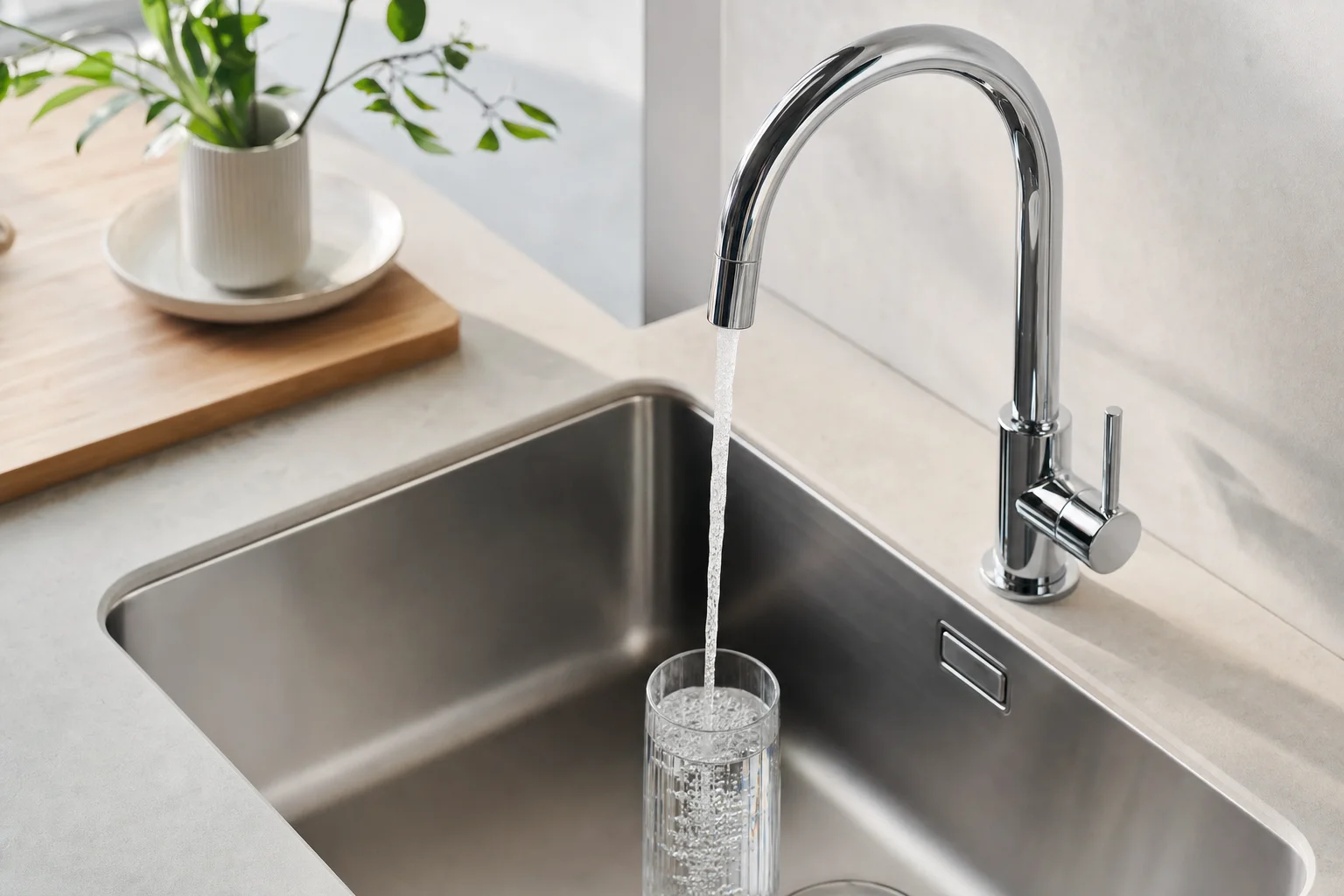 Klares Wasser fließt aus einer modernen Küchenarmatur in ein Trinkglas